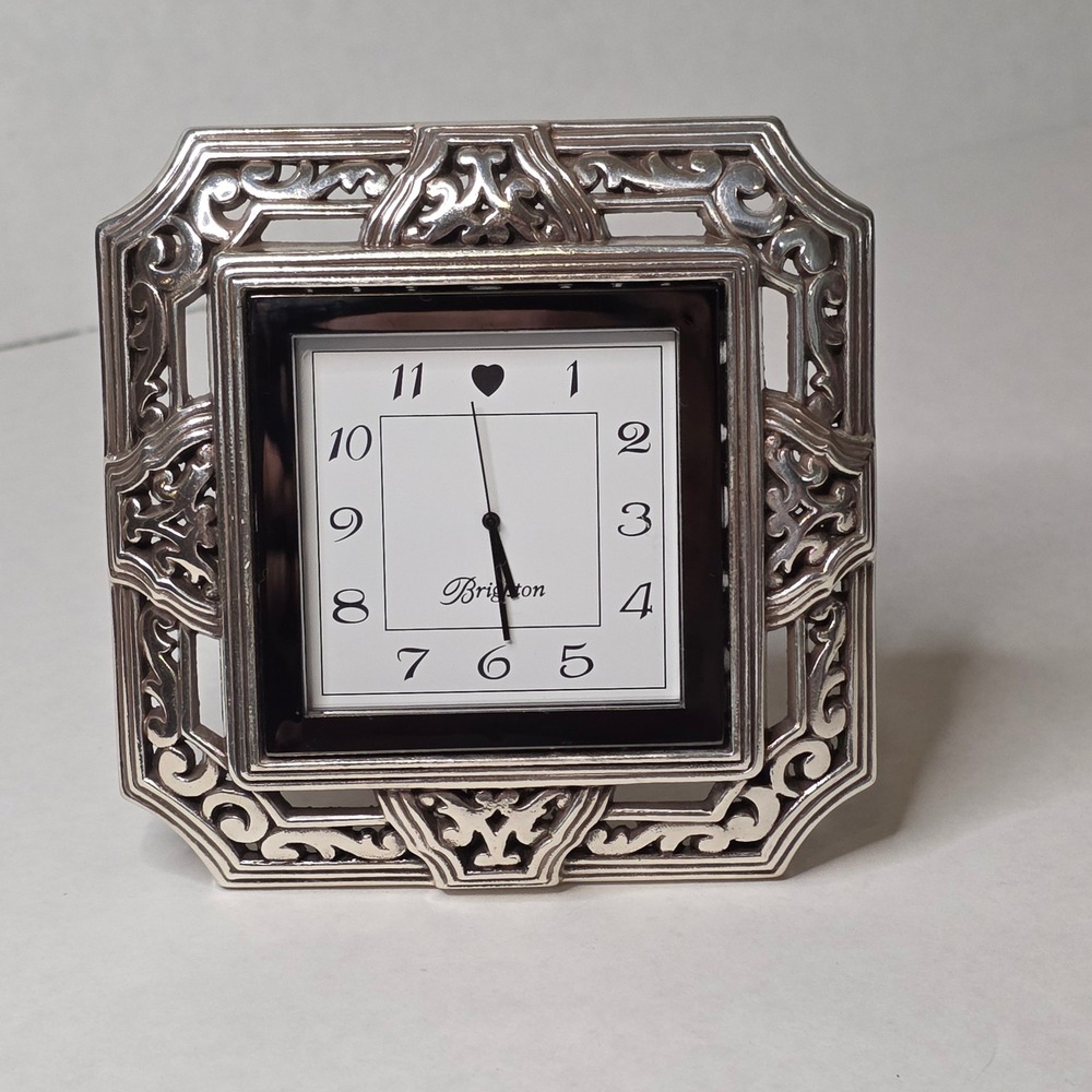 Brighton Tango Square Clock G20030 Silver Plated 4in Ornate Desk Table Clock